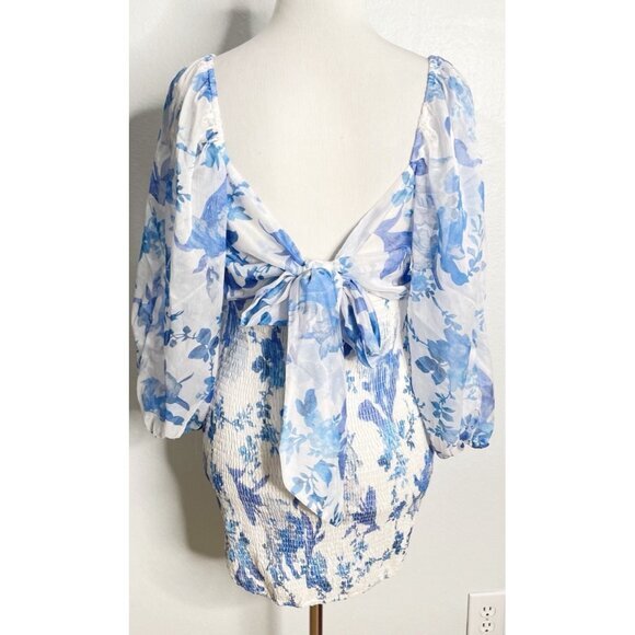Hello Molly Calendar Girl Blue White Floral Smocked Mini Dress Size 8 - Picture 5 of 6